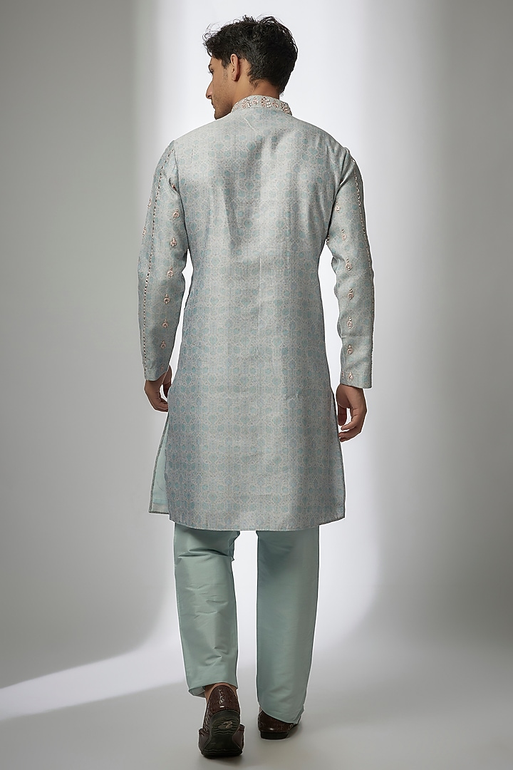 Powder Blue Banarasi Silk Digital Printed & Mirror Work Kurta Set by AMIT ARORA at Pernia's Pop Up Shop