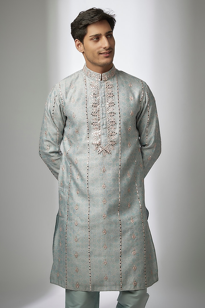 Powder Blue Banarasi Silk Digital Printed & Mirror Work Kurta Set by AMIT ARORA at Pernia's Pop Up Shop