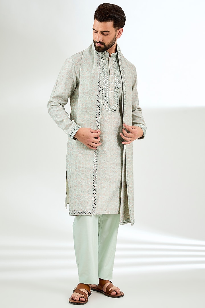 Mint Green & Peach Banarasi Silk Floral Digital Printed Kurta Set by AMIT ARORA