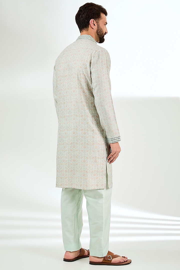 Mint Green & Peach Banarasi Silk Floral Digital Printed Kurta Set by AMIT ARORA at Pernia's Pop Up Shop