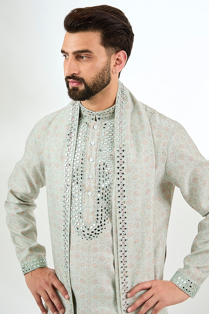 Mint Green & Peach Banarasi Silk Floral Digital Printed Kurta Set by AMIT ARORA at Pernia's Pop Up Shop