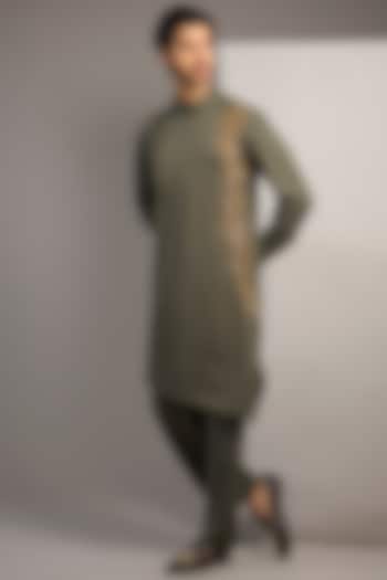 Olive Green Poly Knit Hand Embroidered Kurta Set by AMIT ARORA at Pernia's Pop Up Shop