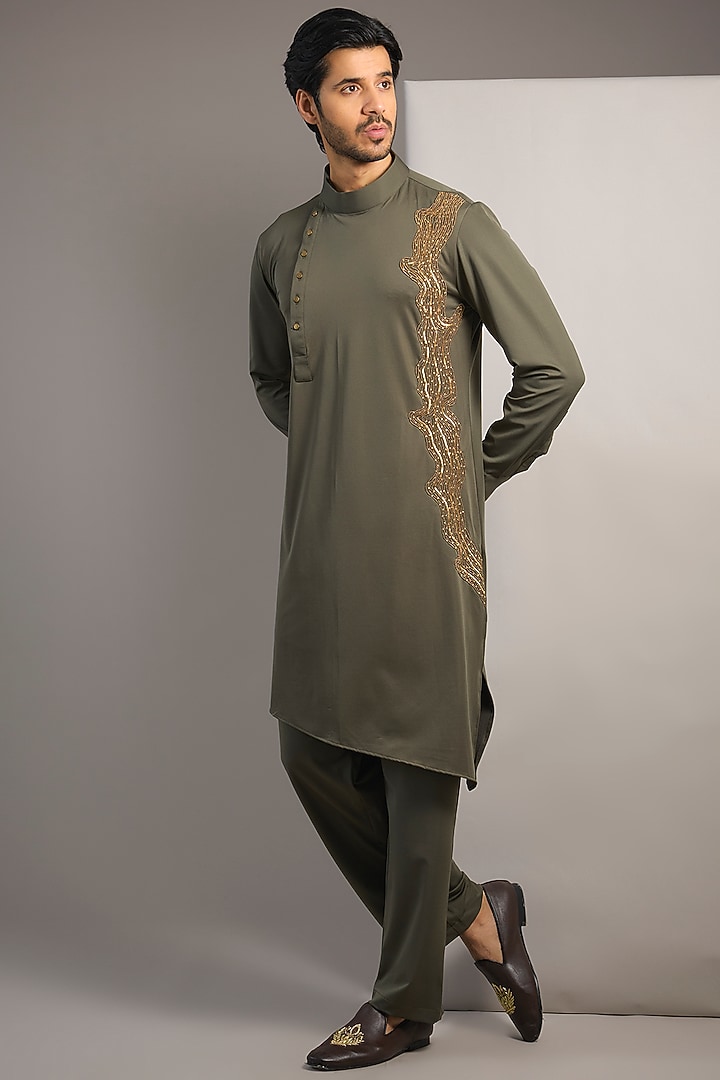 Olive Green Poly Knit Hand Embroidered Kurta Set by AMIT ARORA at Pernia's Pop Up Shop
