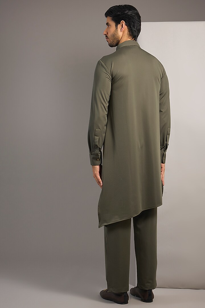 Olive Green Poly Knit Hand Embroidered Kurta Set by AMIT ARORA at Pernia's Pop Up Shop