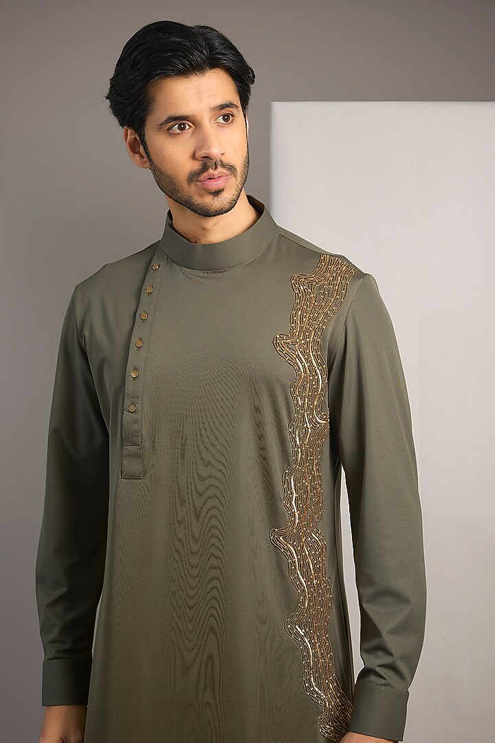 Olive Green Poly Knit Hand Embroidered Kurta Set by AMIT ARORA at Pernia's Pop Up Shop