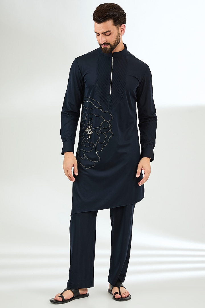 Navy Blue Silk Hand Embroidered Kurta Set by AMIT ARORA at Pernia's Pop Up Shop