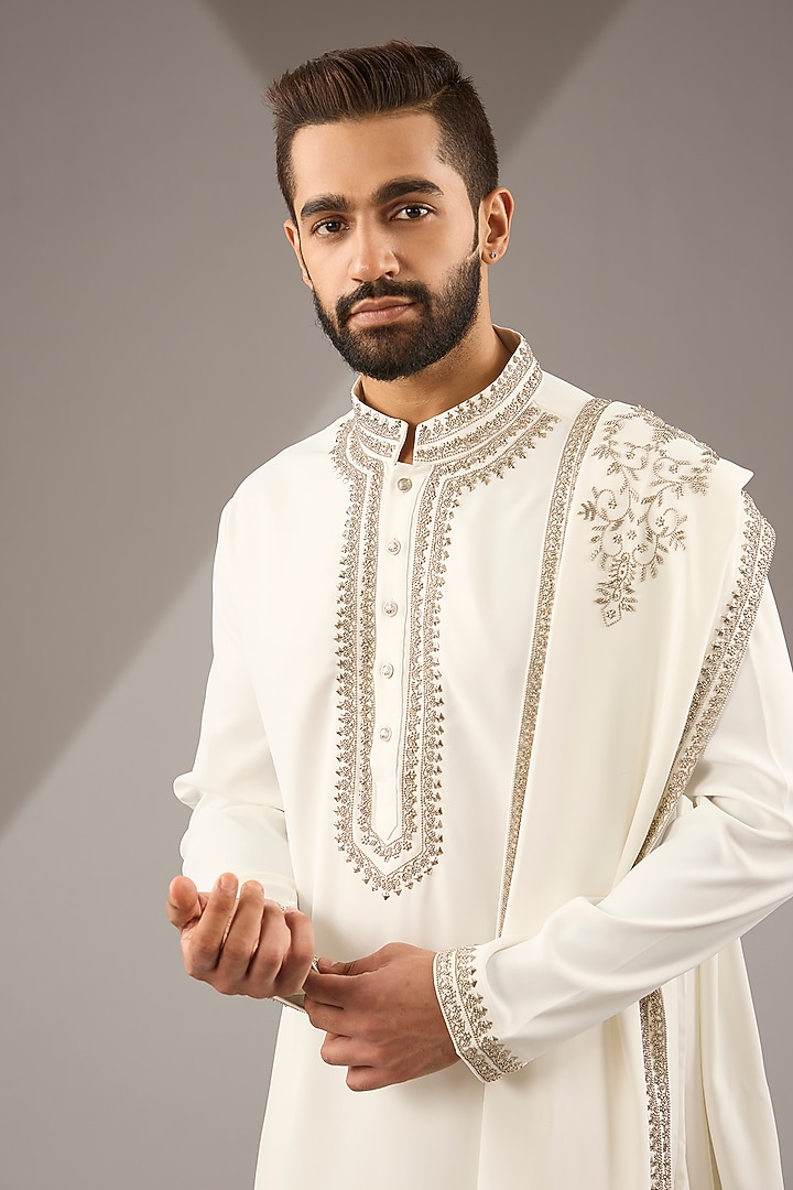Ivory Poly Knit Hand Embroidered Kurta Set by AMIT ARORA at Pernia's Pop Up Shop