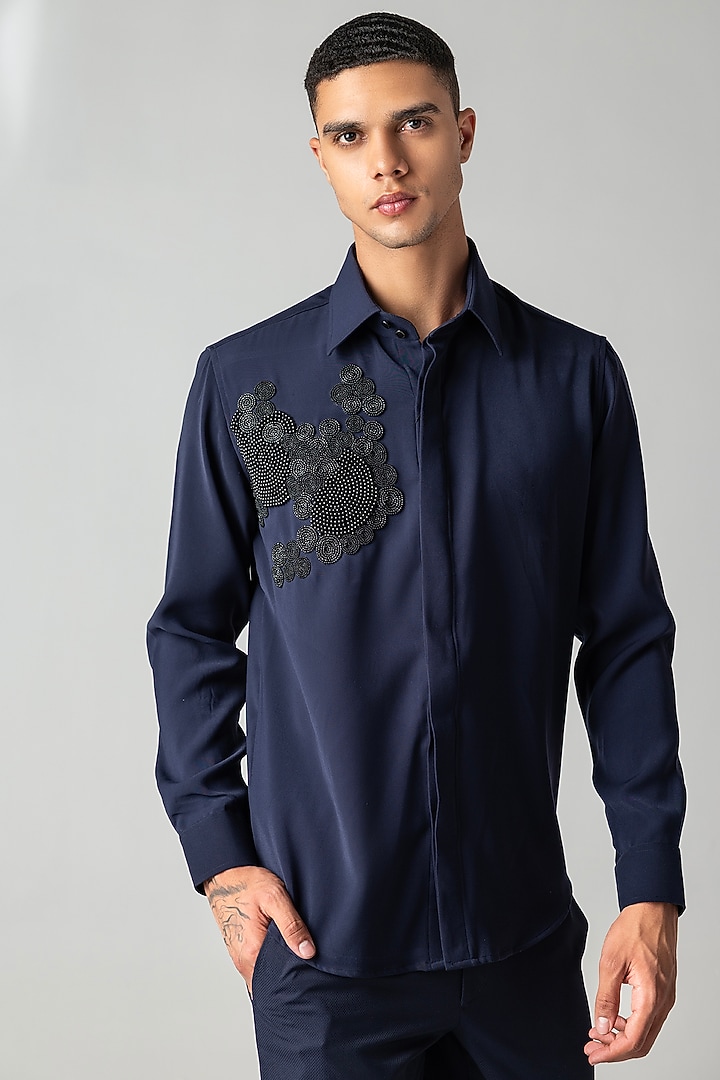 Navy Blue Polynosic Pearl Embroidered Party Wear Shirt by AMIT ARORA at Pernia's Pop Up Shop