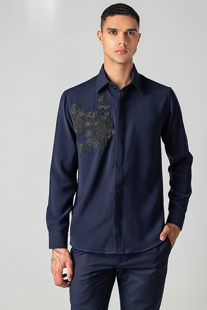 Navy Blue Polynosic Pearl Embroidered Party Wear Shirt by AMIT ARORA at Pernia's Pop Up Shop