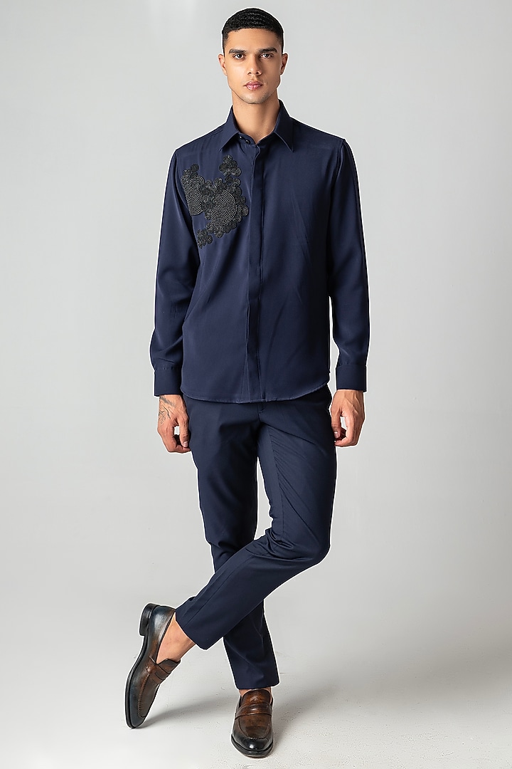 Navy Blue Polynosic Pearl Embroidered Party Wear Shirt by AMIT ARORA at Pernia's Pop Up Shop