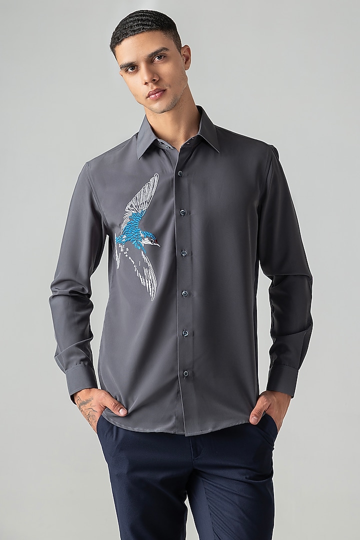 Dark Grey Polynosic Motif Embroidered Party Wear Shirt by AMIT ARORA at Pernia's Pop Up Shop