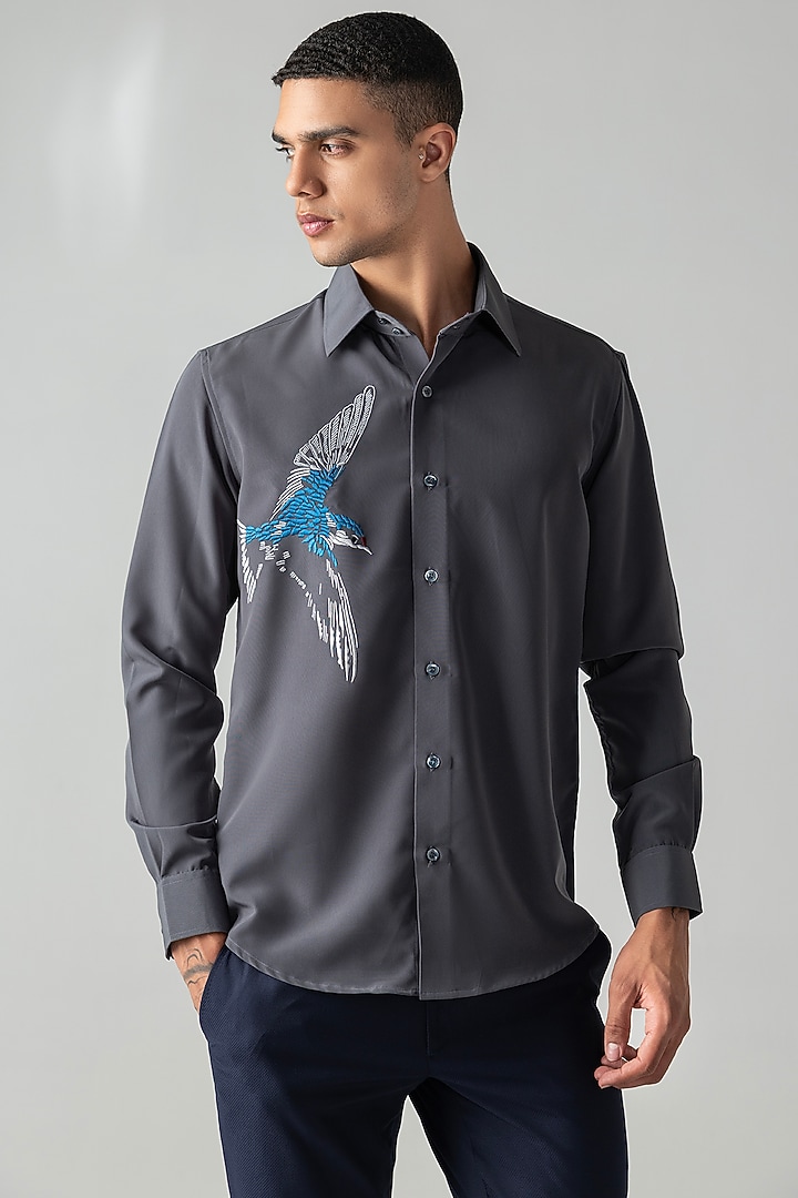 Dark Grey Polynosic Motif Embroidered Party Wear Shirt by AMIT ARORA at Pernia's Pop Up Shop