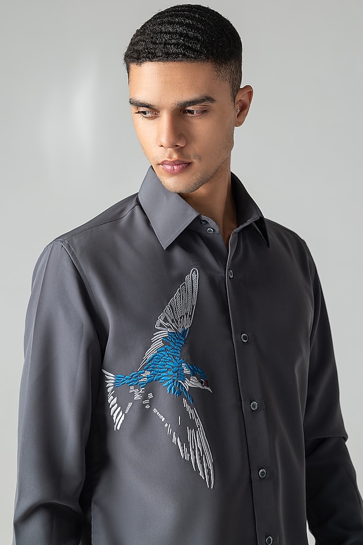 Dark Grey Polynosic Motif Embroidered Party Wear Shirt by AMIT ARORA at Pernia's Pop Up Shop
