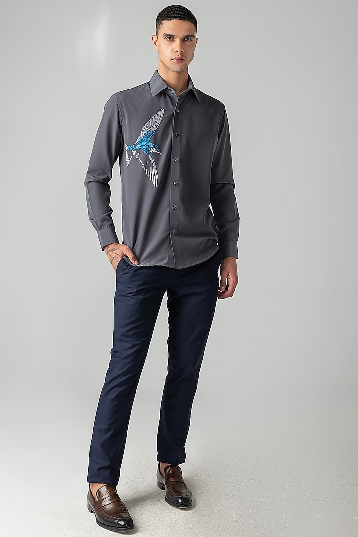 Dark Grey Polynosic Motif Embroidered Party Wear Shirt by AMIT ARORA at Pernia's Pop Up Shop