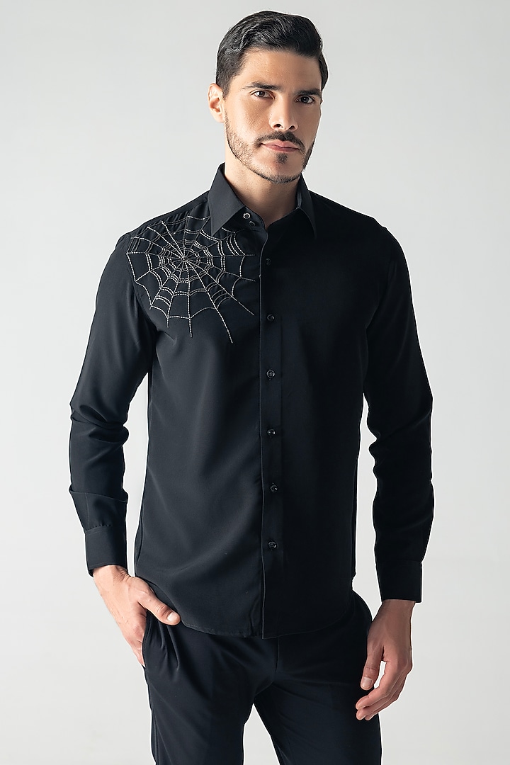 Black Polynosic Motif Hand Embroidered Party Wear Shirt by AMIT ARORA at Pernia's Pop Up Shop
