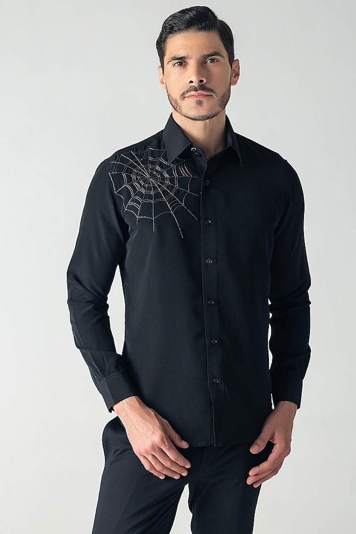 Black Polynosic Motif Hand Embroidered Party Wear Shirt by AMIT ARORA at Pernia's Pop Up Shop
