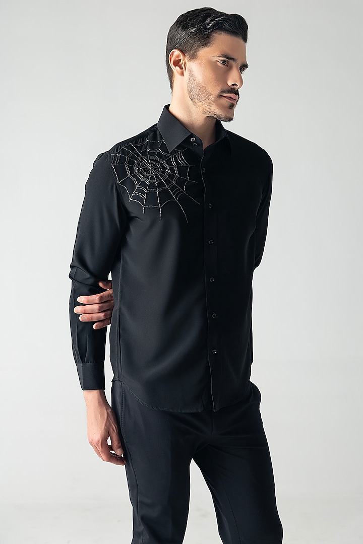 Black Polynosic Motif Hand Embroidered Party Wear Shirt by AMIT ARORA at Pernia's Pop Up Shop