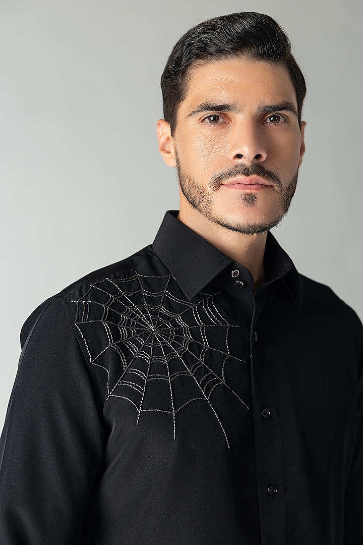 Black Polynosic Motif Hand Embroidered Party Wear Shirt by AMIT ARORA at Pernia's Pop Up Shop