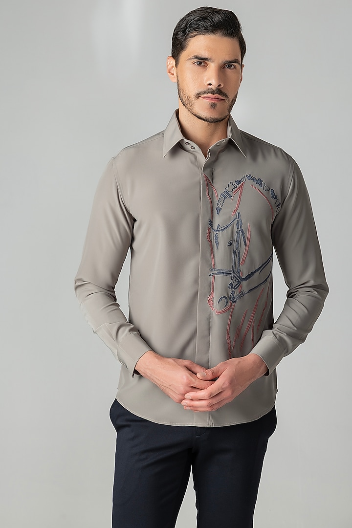 Grey Polynosic Motif Embroidered Party Wear Shirt by AMIT ARORA at Pernia's Pop Up Shop