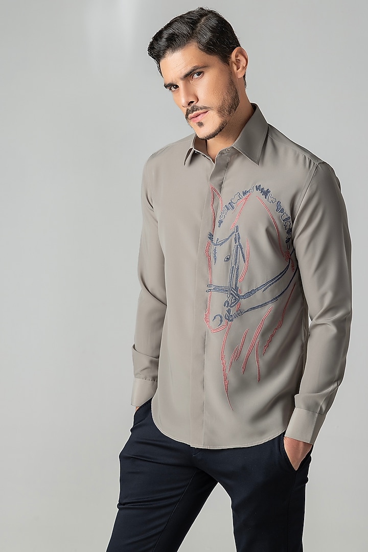 Grey Polynosic Motif Embroidered Party Wear Shirt by AMIT ARORA at Pernia's Pop Up Shop