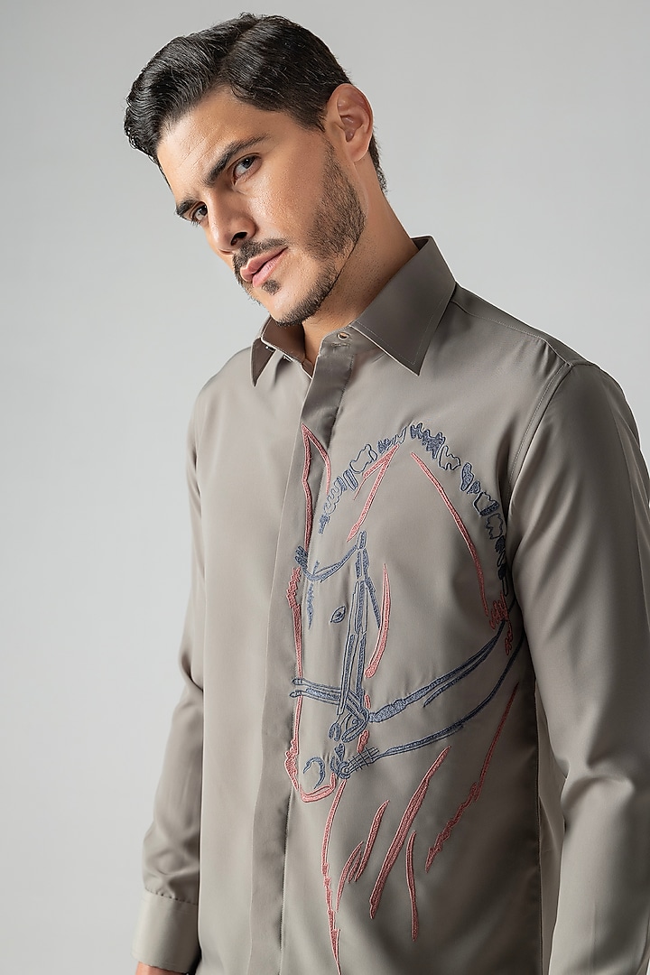Grey Polynosic Motif Embroidered Party Wear Shirt by AMIT ARORA at Pernia's Pop Up Shop