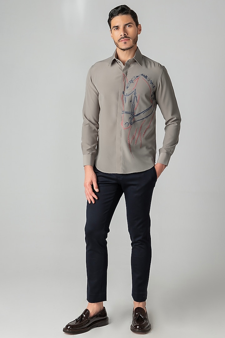 Grey Polynosic Motif Embroidered Party Wear Shirt by AMIT ARORA at Pernia's Pop Up Shop