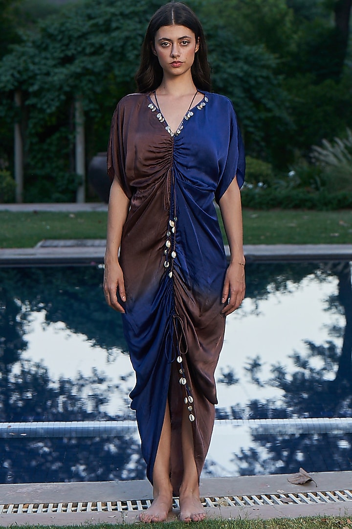 Blue & Brown Ombre Satin Shell Embellished Kaftan by AMRTA By Guneet Kondal at Pernia's Pop Up Shop