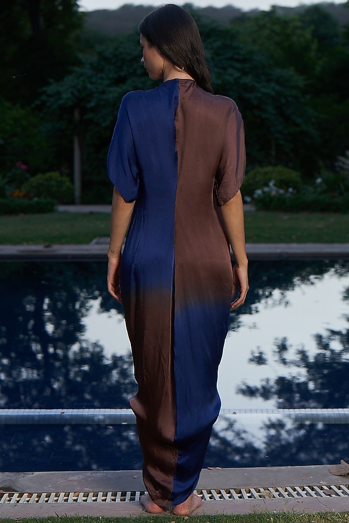 Blue & Brown Ombre Satin Shell Embellished Kaftan by AMRTA By Guneet Kondal at Pernia's Pop Up Shop