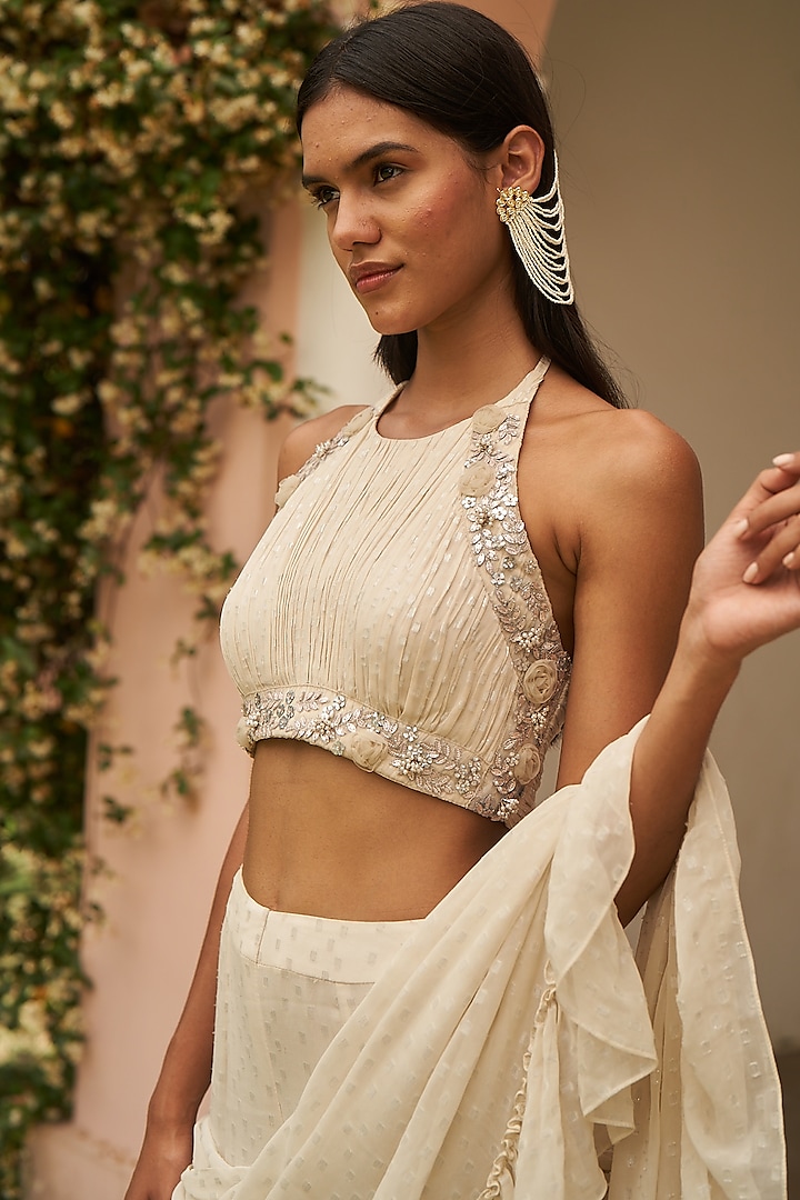 Ivory Metallic Yarn Pre-Draped Ruffled Sharara Party Wear Saree Set by AMRTA By Guneet Kondal at Pernia's Pop Up Shop