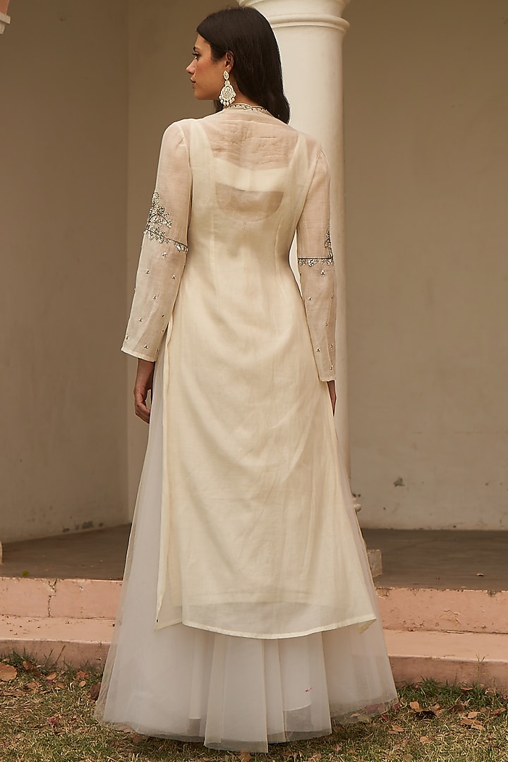 Ivory Chanderi Zardosi & Aari Hand Embroidered Party Wear Anarkali Set by AMRTA By Guneet Kondal at Pernia's Pop Up Shop