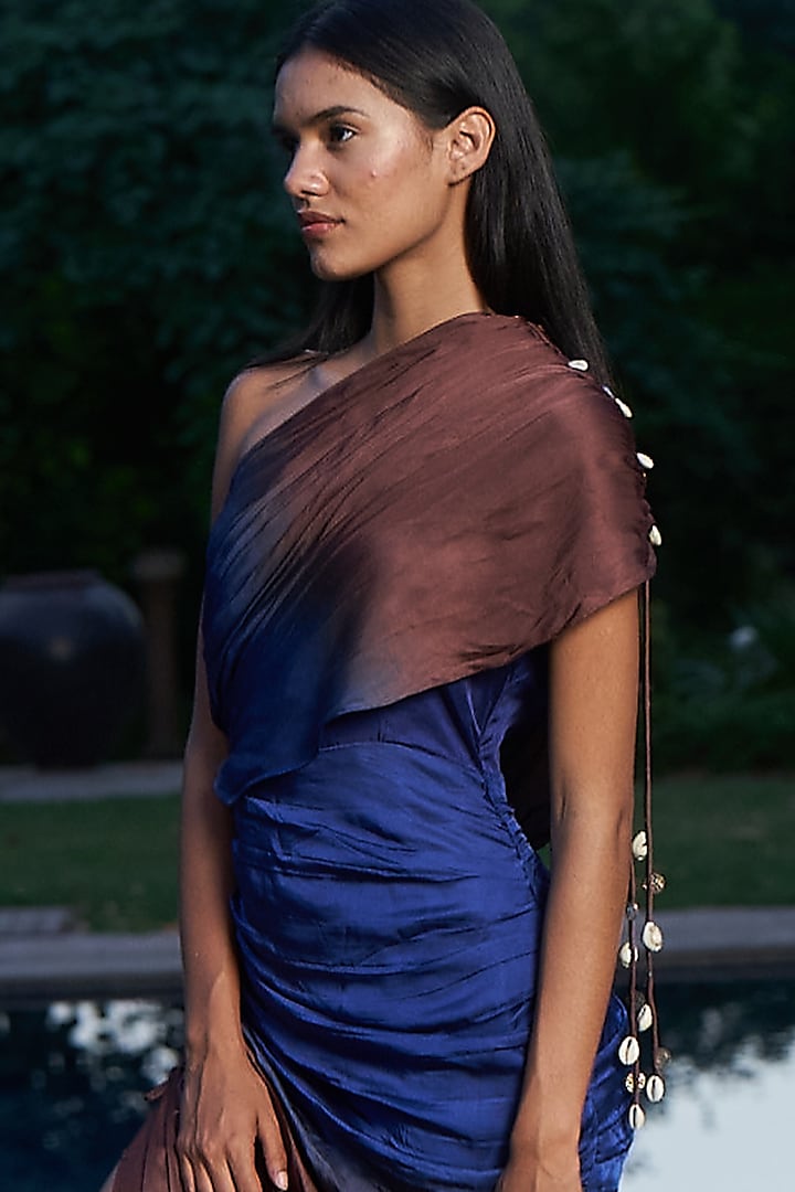 Multi-Colored Satin One-Shoulder Draped Maxi Vacation Dress by AMRTA By Guneet Kondal at Pernia's Pop Up Shop