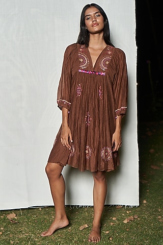 Brown Cotton Silk & Blend Chanderi Embroidered Mini Dress by AMRTA By Guneet Kondal