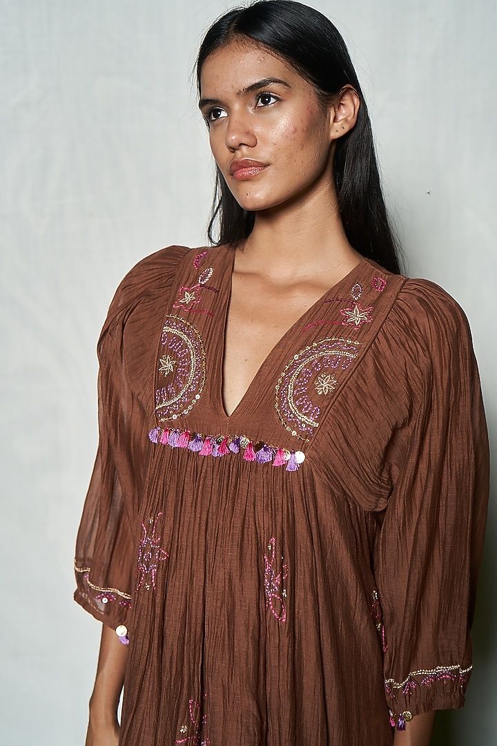 Brown Cotton Silk & Blend Chanderi Embroidered Mini Summer Dress by AMRTA By Guneet Kondal at Pernia's Pop Up Shop