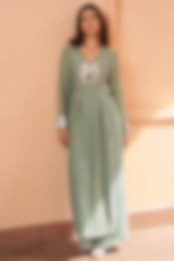 Green Cotton Silk Zardosi Hand Embroidered Kaftan Set by AMRTA By Guneet Kondal at Pernia's Pop Up Shop