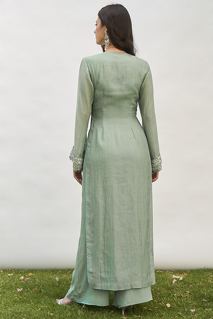 Green Cotton Silk Zardosi Hand Embroidered Kaftan Set by AMRTA By Guneet Kondal at Pernia's Pop Up Shop