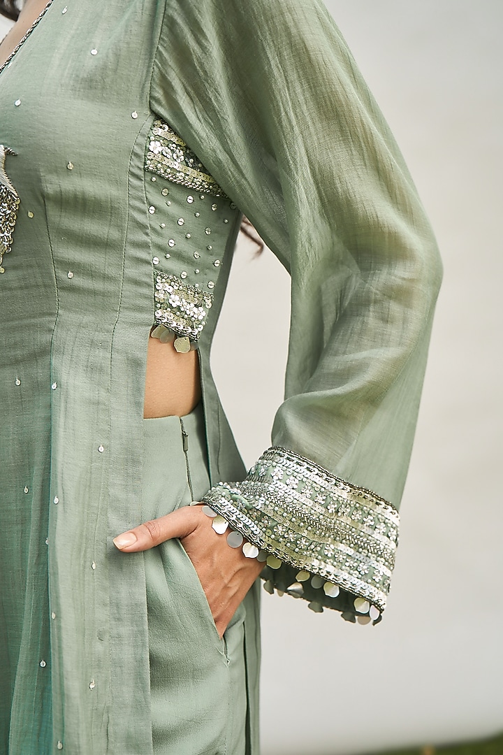 Green Cotton Silk Zardosi Hand Embroidered Kaftan Set by AMRTA By Guneet Kondal at Pernia's Pop Up Shop