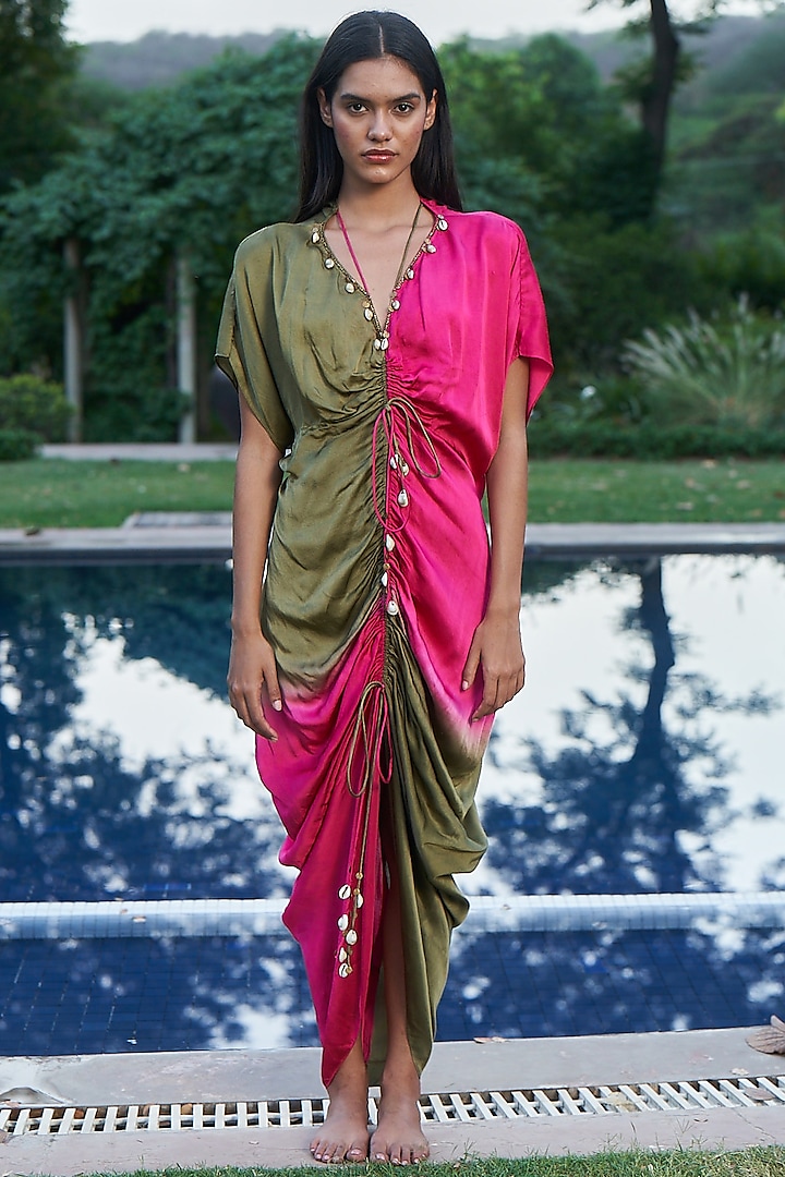 Pink & Green Ombre Satin Shell Embellished Kaftan by AMRTA By Guneet Kondal at Pernia's Pop Up Shop