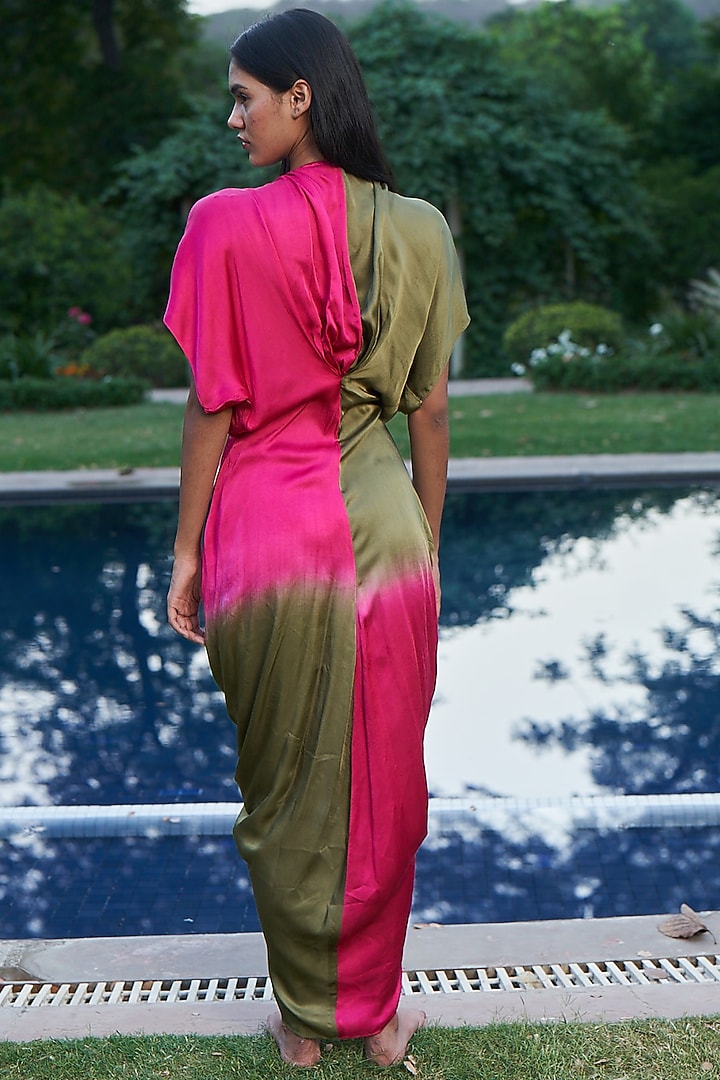 Pink & Green Ombre Satin Shell Embellished Kaftan by AMRTA By Guneet Kondal at Pernia's Pop Up Shop