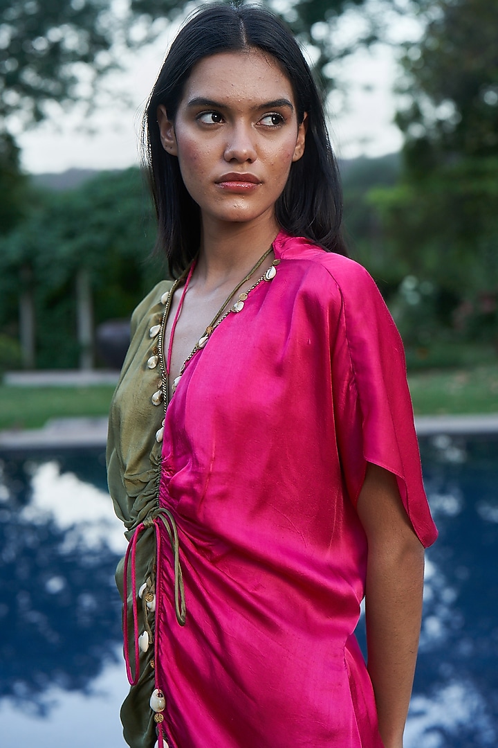 Pink & Green Ombre Satin Shell Embellished Kaftan by AMRTA By Guneet Kondal at Pernia's Pop Up Shop