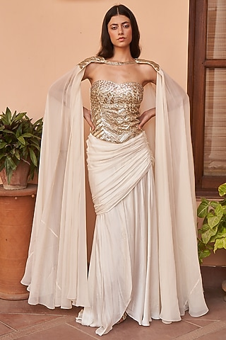 Ivory Satin Wrap Maxi Skirt Set by AMRTA By Guneet Kondal