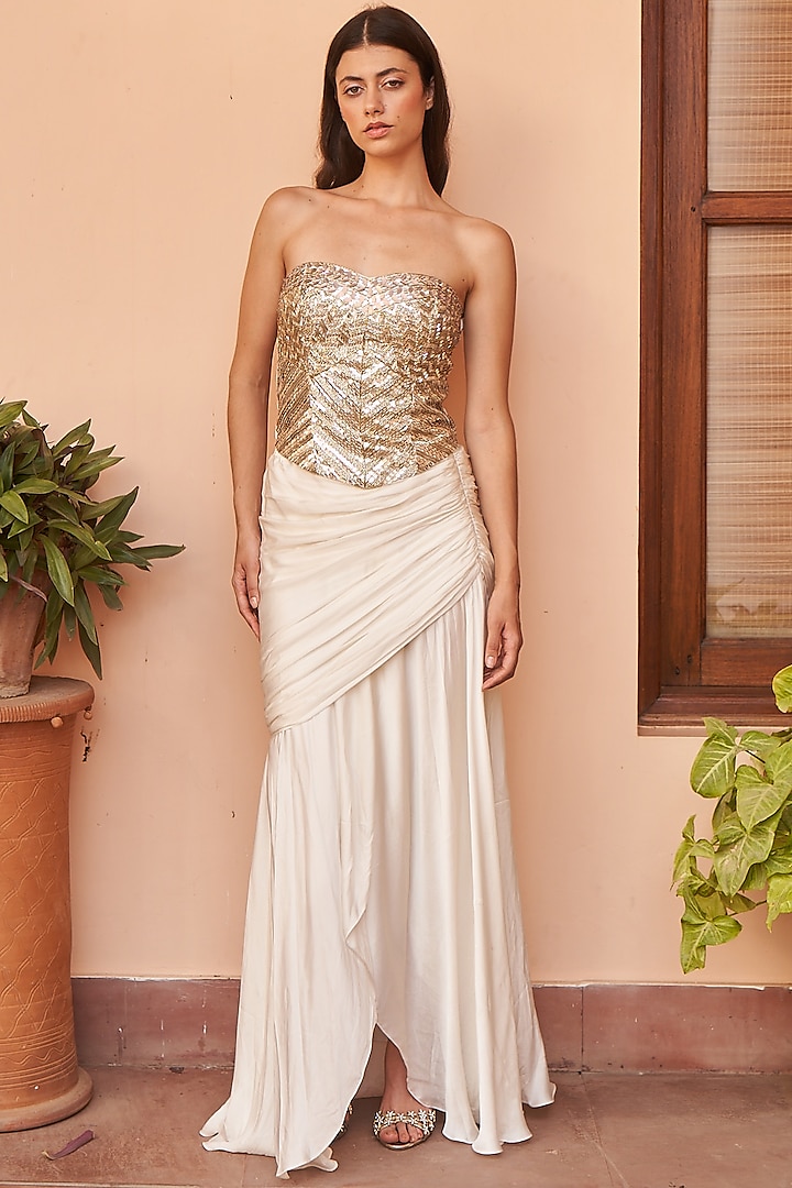 Ivory Satin Wrap Maxi Skirt Set by AMRTA By Guneet Kondal at Pernia's Pop Up Shop