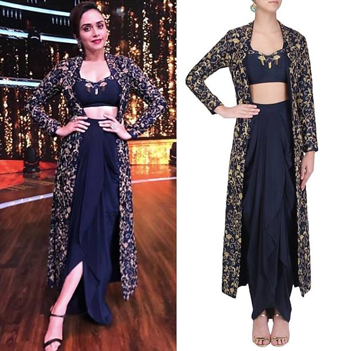 Navy dhoti and bustier with embroidered long cape available only at Pernia's Pop Up Shop.