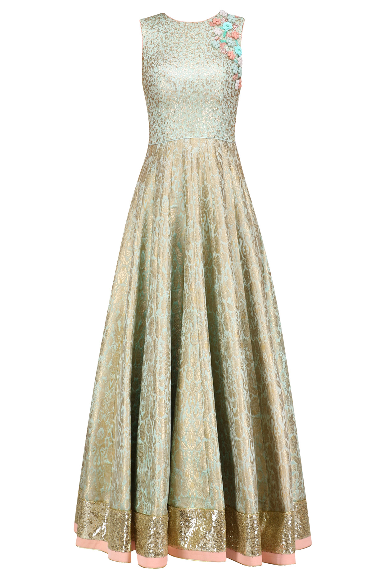 Powder blue handwoven brocade and sequinned anarkali set available only at Pernia's Pop Up Shop.