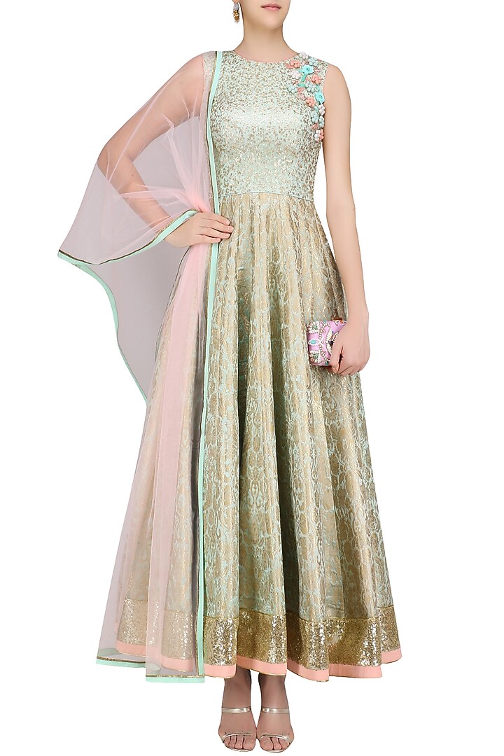 Powder blue handwoven brocade and sequinned anarkali set available only at Pernia's Pop Up Shop.
