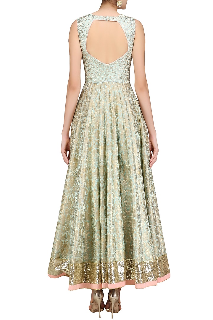 Powder blue handwoven brocade and sequinned anarkali set available only at Pernia's Pop Up Shop.