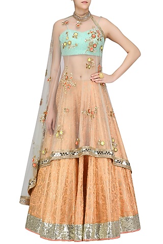 Orange Handwoven Brocade Lehenga with Blue Bustier and Floral Work Cape by Amit Sachdeva