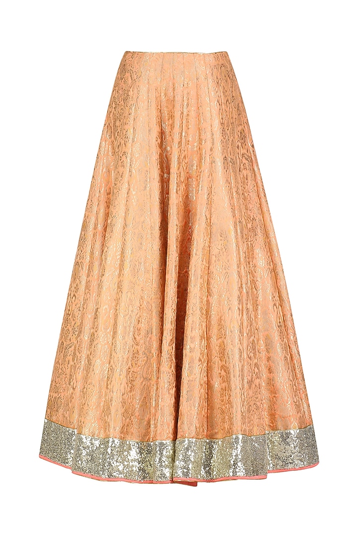 Orange handwoven brocade lehenga with blue bustier and floral work cape available only at Pernia's Pop Up Shop.