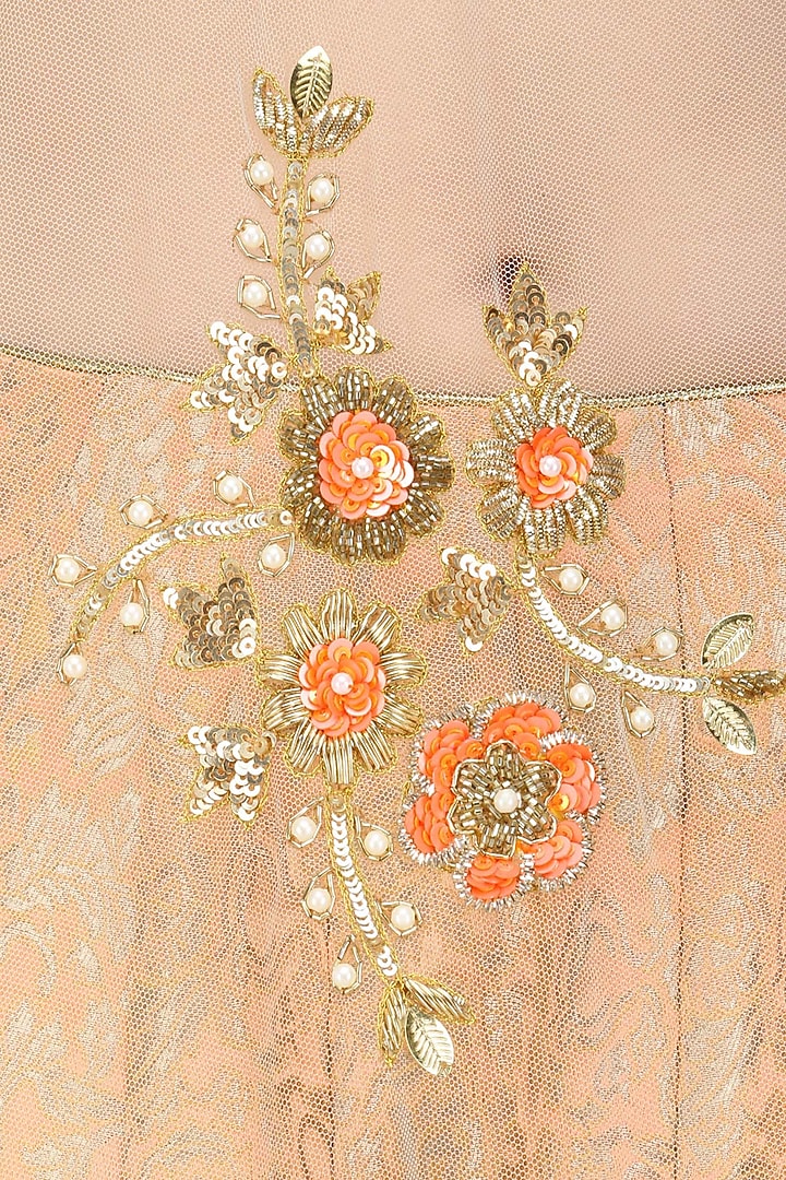 Orange handwoven brocade lehenga with blue bustier and floral work cape available only at Pernia's Pop Up Shop.