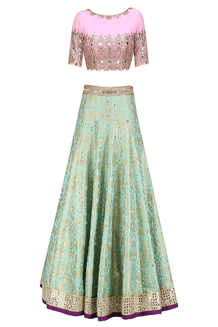 Turquoise Blue Handwoven Brocade Lehenga with Pink Embroidered Blouse by Amit Sachdeva
