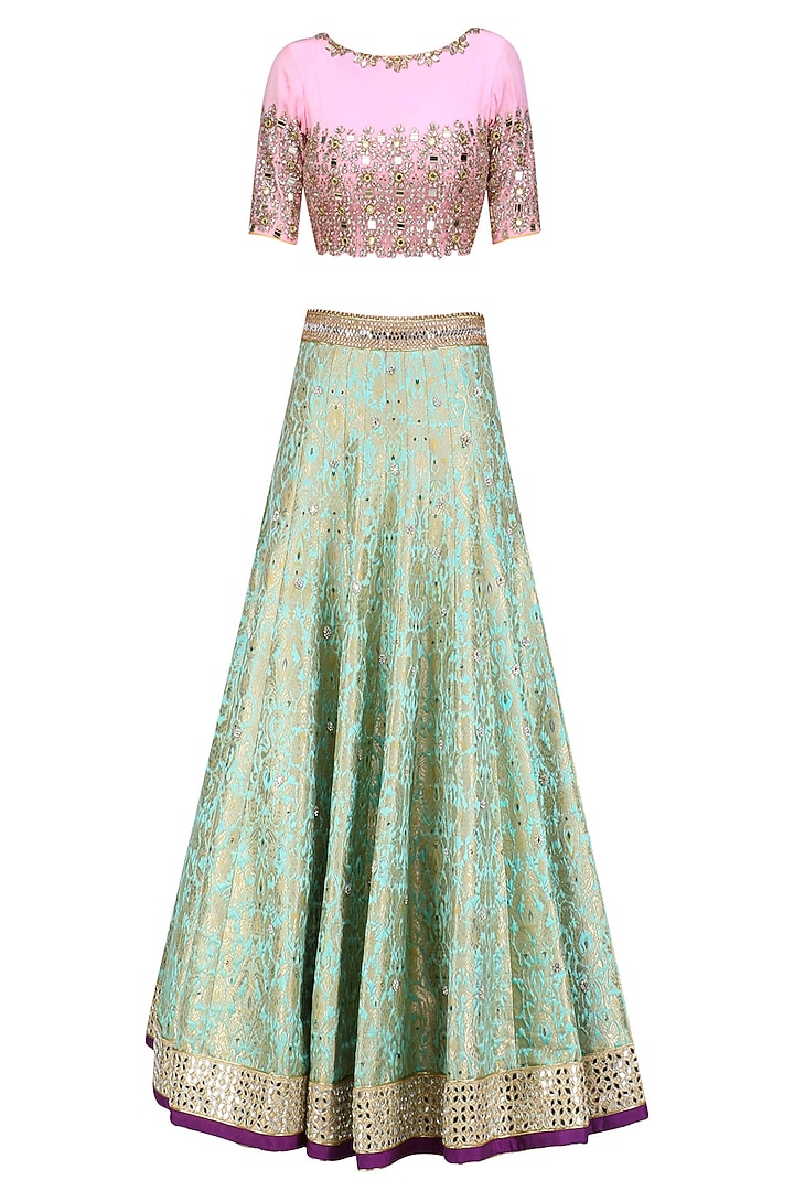 Turquoise blue handwoven brocade lehenga with pink embroidered blouse available only at Pernia's Pop Up Shop.